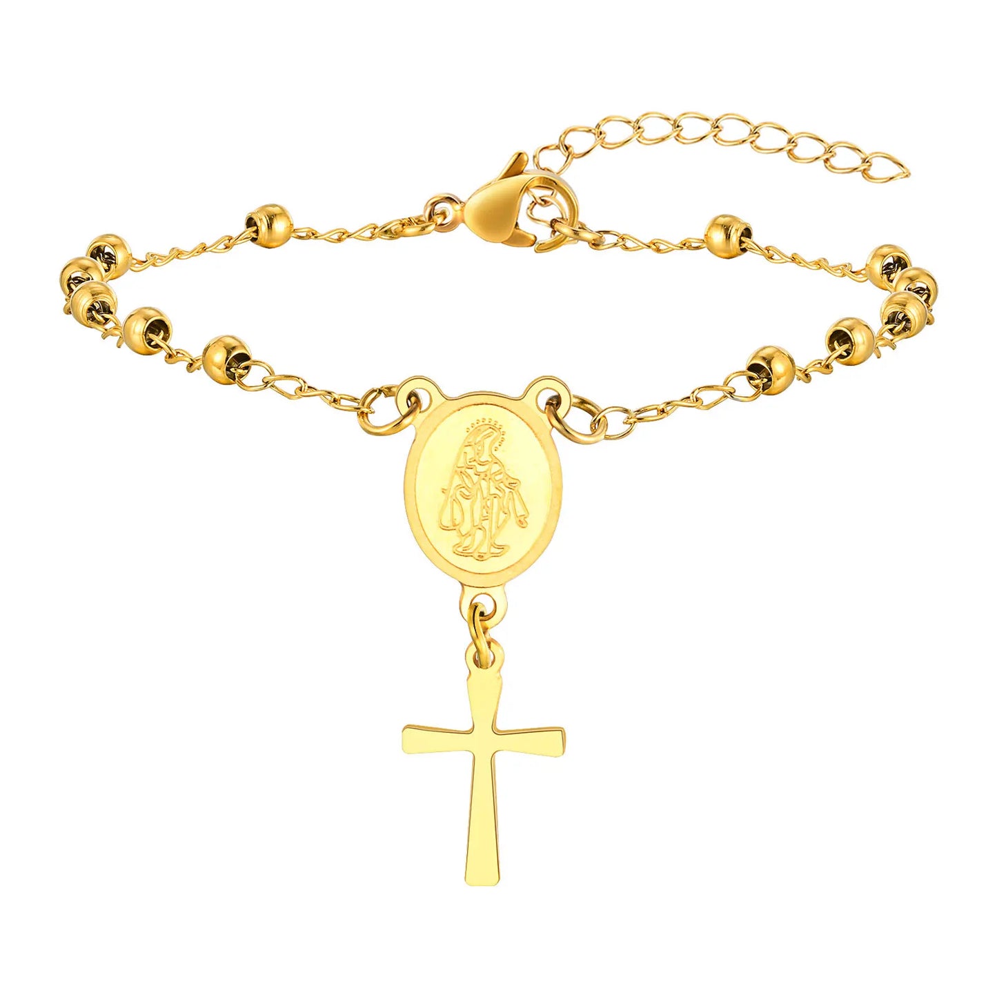 Faith Rosary Bracelet – Gold Plated Cross & Virgin Mary Charm