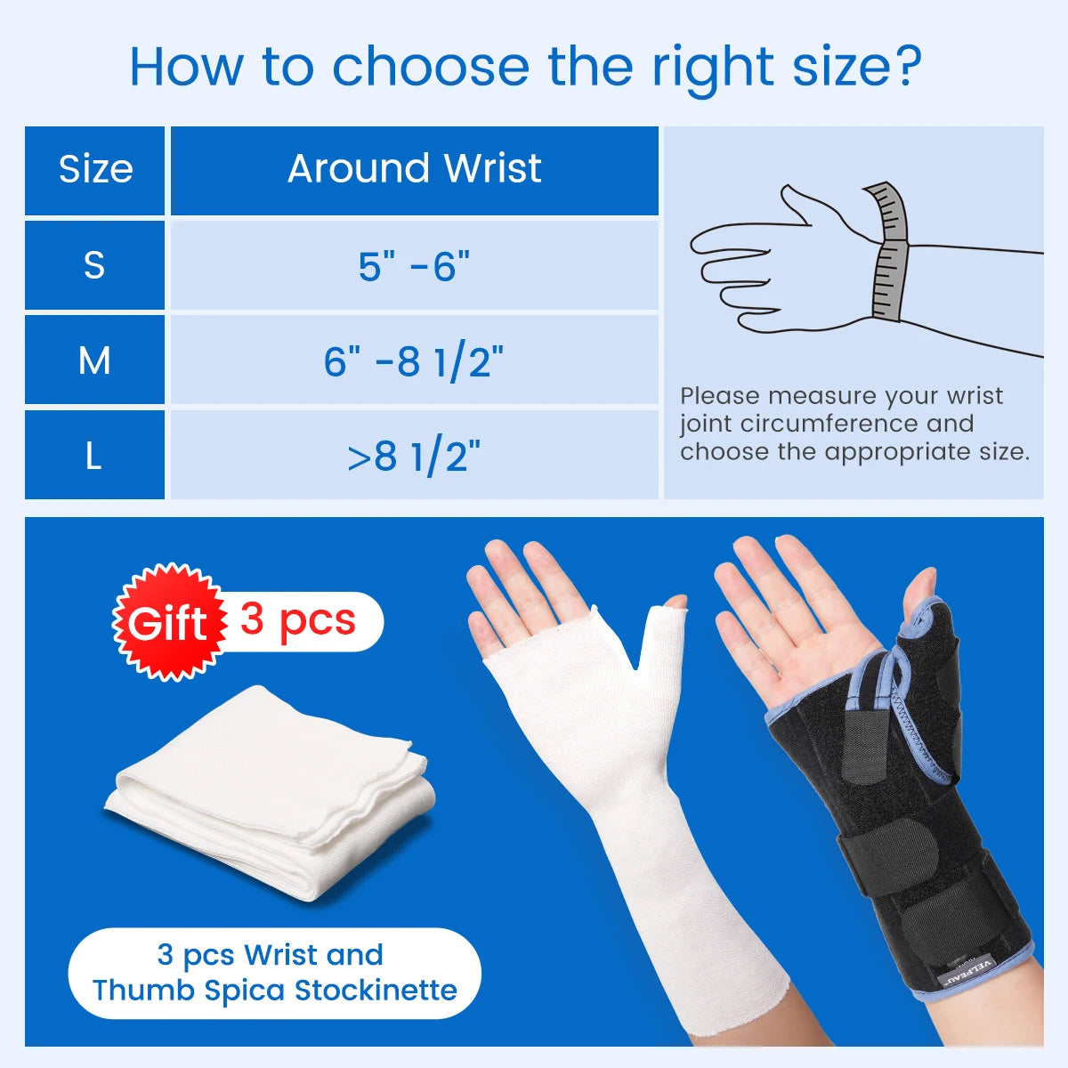 VELPEAU Wrist Splint Medical with Adjustable Thumb Support