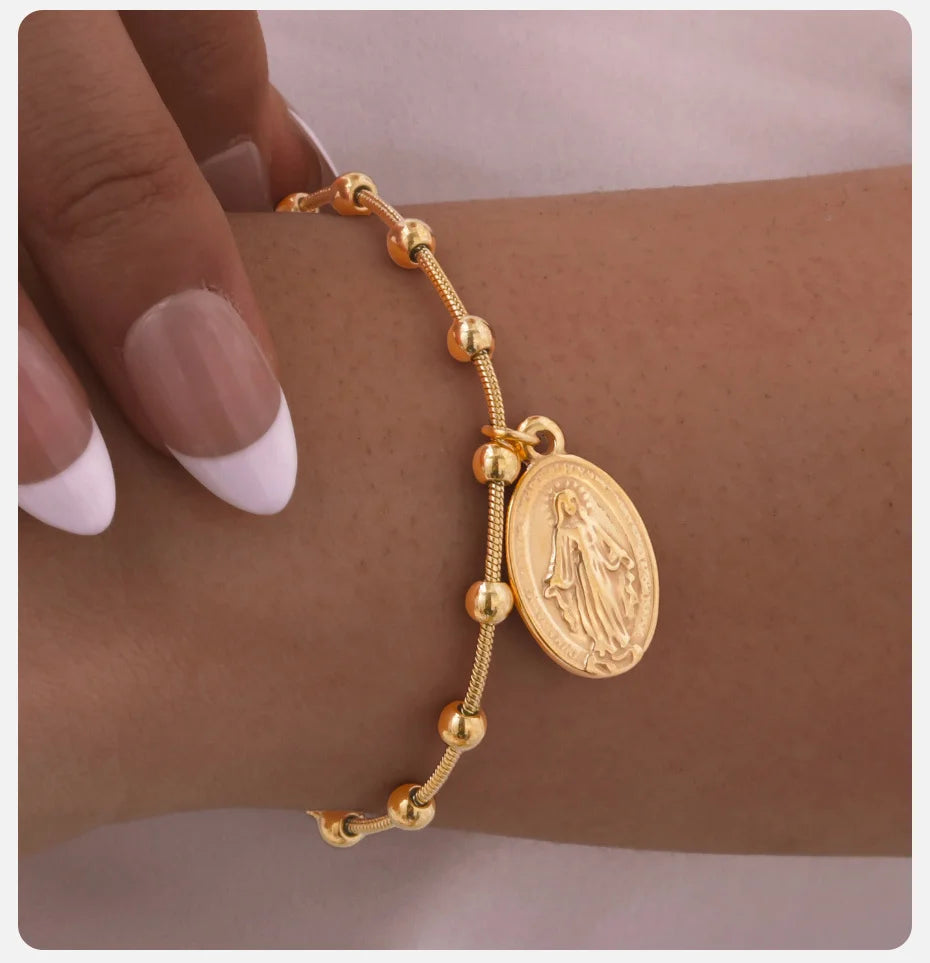 Faith Rosary Bracelet – Gold Plated Cross & Virgin Mary Charm